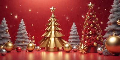 The primary subject of the image is a gold Christmas tree. The setting is a red background, which adds a festive touch to the scene. The visual style is a combination of photo and digital art, creating a realistic yet artistic representation of the tree. The colors and mood of the image are warm and celebratory, with the gold tree and red background evoking feelings of joy and holiday spirit.